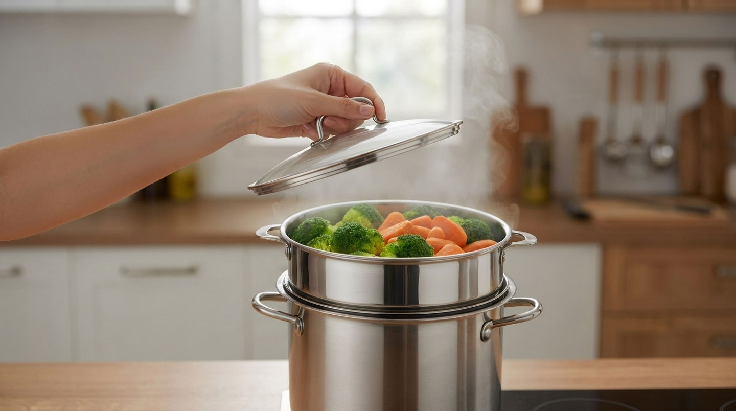 Panier vapeur en acier inoxydable avec couvercle transparent sur plaque à induction, contenant légumes frais colorés (brocolis, carottes, haricots verts) en cours de cuisson avec vapeur visible, dans cuisine moderne française