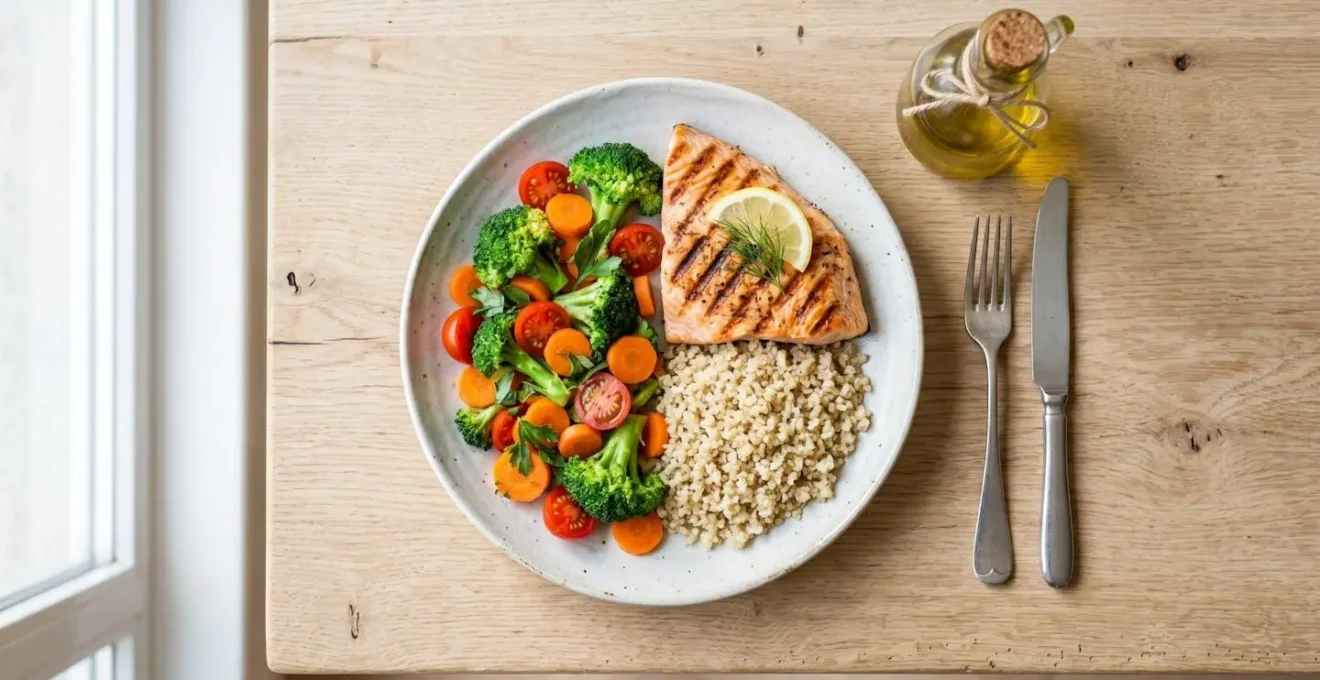 Assiette ronde blanche vue de dessus contenant la moitié de légumes vapeur colorés (brocolis, tomates cerises, carottes), un quart de pavé de saumon grillé et un quart de quinoa, posée sur table en chêne clair avec bouteille d'huile d'olive à côté
