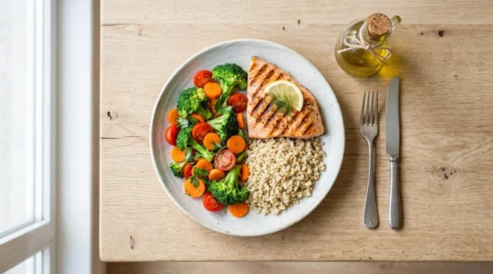Assiette ronde blanche vue de dessus contenant la moitié de légumes vapeur colorés (brocolis, tomates cerises, carottes), un quart de pavé de saumon grillé et un quart de quinoa, posée sur table en chêne clair avec bouteille d'huile d'olive à côté