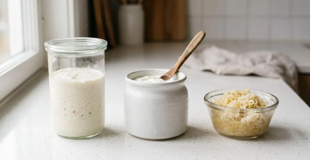 Trois contenants d'aliments fermentés alignés sur comptoir de cuisine blanc : bocal de kéfir, pot de yaourt nature ouvert avec cuillère en bois, et bol de choucroute, éclairés par lumière naturelle latérale